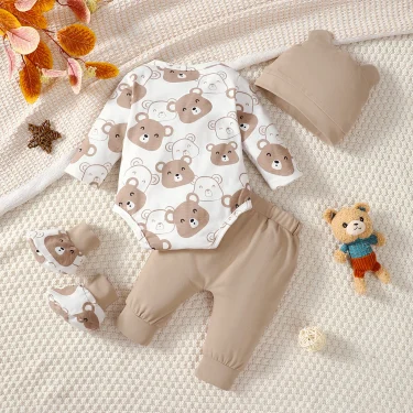 0-9 Months Baby Boy Set Little Bear Long Sleeve Bodysuit+Pants+Hat+Socks 4pcs/Set Baby Spring Autumn clothing Newborn set 2
