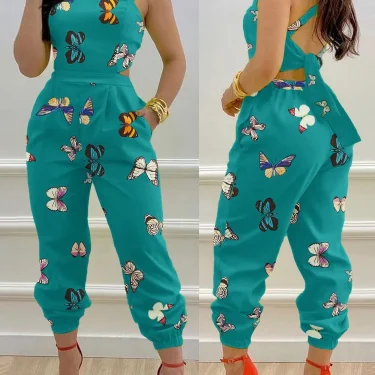 New Summer Fashion Printed Sleeveless Jumpsuit Sexy Hollow Backless Lace Up Long Jumpsuits Elegant Casual Jumpsuit With Pocket 6