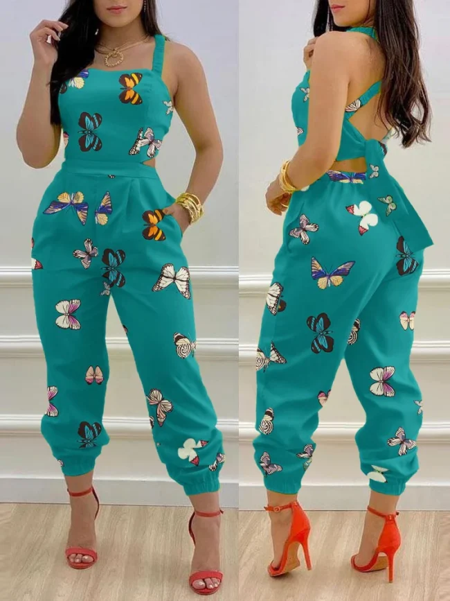 New Summer Fashion Printed Sleeveless Jumpsuit Sexy Hollow Backless Lace Up Long Jumpsuits Elegant Casual Jumpsuit With Pocket 6