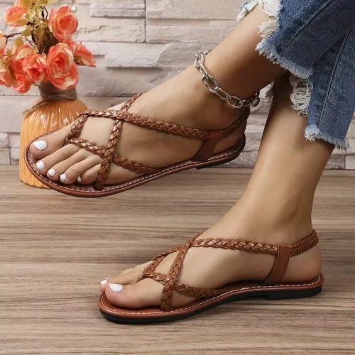 Women's Solid Color Casual Sandals, Lightweight Flat Braided Elastic Shoes, Summer Holiday Beach Shoes