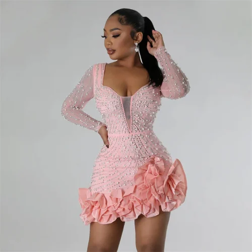 New Women Mesh Sleeve Bodycon Sexy Diamonds Birthday Party Dress Tierred Ruffles Rhinestone Pearls Night Club Dress Pink 1