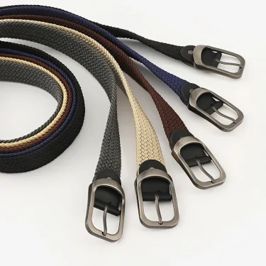 Unisex Eyeless Needle Metal Alloy Rectangle Buckle Woven Women's Belts Elastic Canvas Waistband Casual Pants Jeans Belt for Men 2