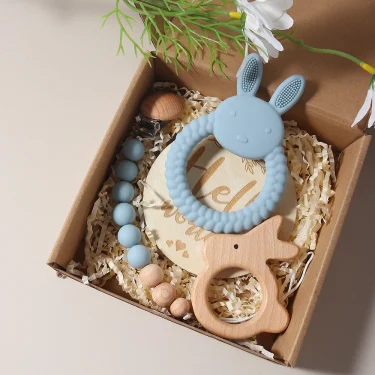 New born baby gift set silicone bunny teether wooden bunny rattle Photography props 4