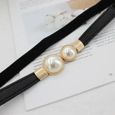 Elegant Double Pearls Buckle Elastic Women Belts Thin Straps Lady Girl Dress Skirt Decor Waistbands Trouser Dress Decoration 4