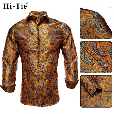 Hi-Tie Blue Men's Shirts Paisley Floral Silk Gold Long Sleeve Casual Shirts For Men Jacquard Male Business Party Wedding Dress 4
