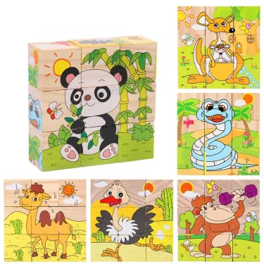 Wooden Six Sided 3D Cube Jigsaw Puzzles Children Kids Toys Animal Fruit Traffic Cognize Early Learning Educational Toys Fun Game 3