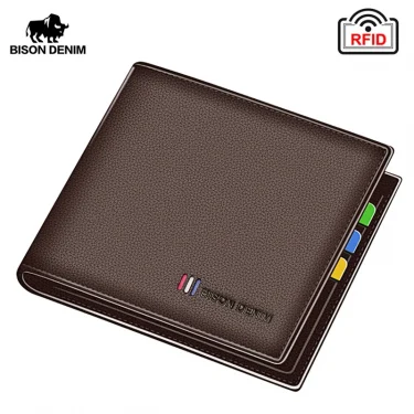 BISON DENIM 100% Cow Leather Small Wallet Men Bifold Credit Card Holder Wallet RFID Blocking Purse Best Gift Male Pocket Bag 1