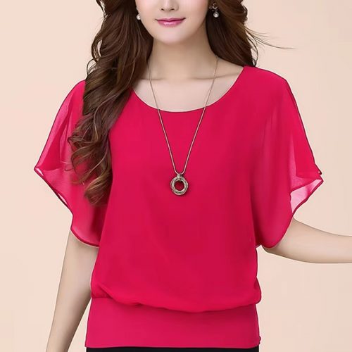 Chiffon Blouse Women Top Solid Color O Neck Loose Pullover Batwing Sleeve Ruffle Shirts Blouse Women'S Clothing Casual Summertop