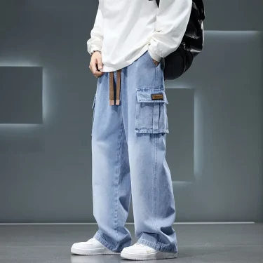 Autumn New Wide Leg Washing Jean Pants Men Trousers Neutral Solid Color Loose Casual Fashion Pocket Cargo Pants Big Size 8xl 1