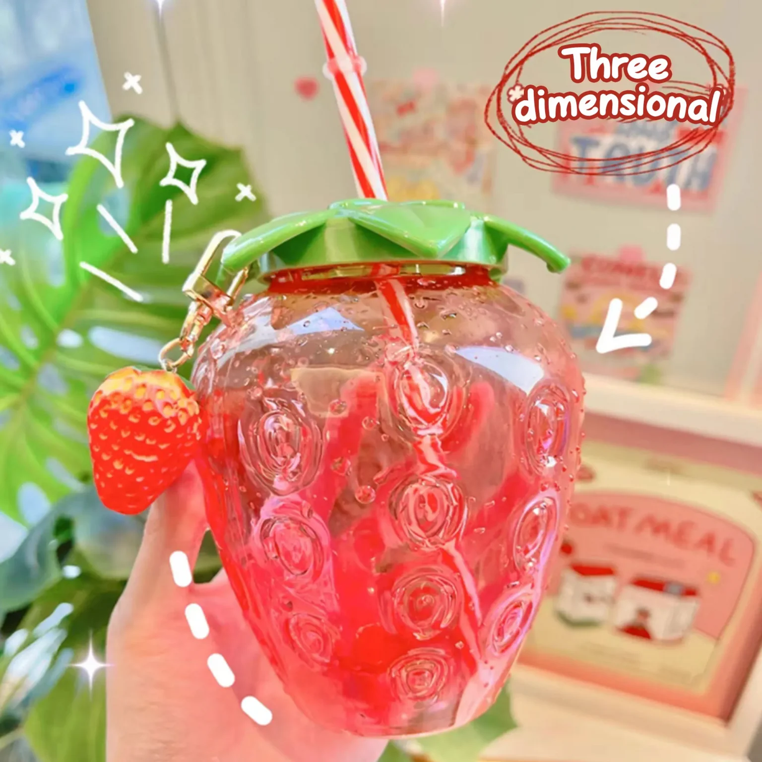 500ml PET Strawberry Shaped Children's Straw Mug Clear Strawberry Juice Mug Cold Water Mug Photography Accessories 5