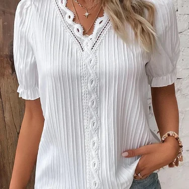 Women's Summer New Top Solid Sexy V-Neck Hollow Short Sleeve Shirt Fashion Splice Plus Size Blouse Loose Street Apparel 2