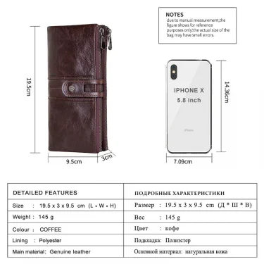 Genuine Leather Long Wallets for Men Vintage Card Holder Coin Purses Money Clips Phone Pocket Male Name Engrave Wallet 4