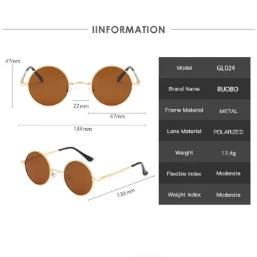 RUOBO Retro Polarized Round Metal Frame Sunglasses Eyewear For Men and Women Driving Fishing Brand Designer Sun Glasses UV400 6
