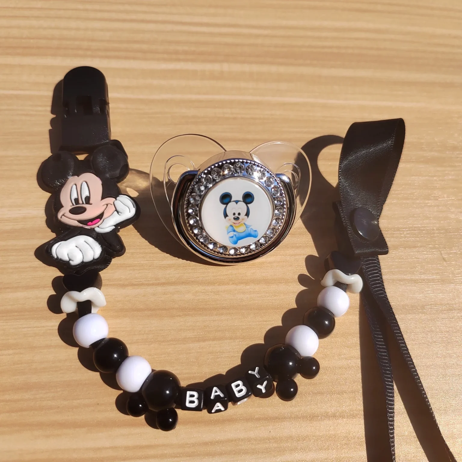 Black Mickey Mouse Printed pacifier Baby Diamond Pacifier Food Grade Baby Thumb shaped pacifier Personalized bead pacifier clip 3
