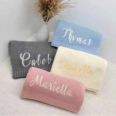 Personalized Name Baby Knitted Blanket Cotton 100x80cm Skin-friendly Warm Newborn Wraps Custom Baby Blanket for Winter 6