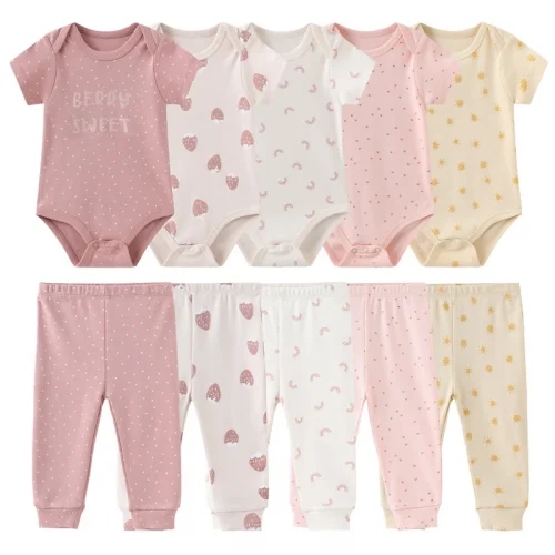 Unisex 6/9/10Pieces Cotton New Born Bodysuits+Pants Baby Girl Clothes Sets Cartoon Print Short Sleeve Baby Boy Clothes Bebes 3