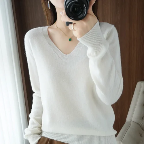 Autumn And Winter Cashmere Sweater New Women's V-neck Pullover Lace Neck Hollow Out Design Casual Knitted Long Sleeve Women's 1