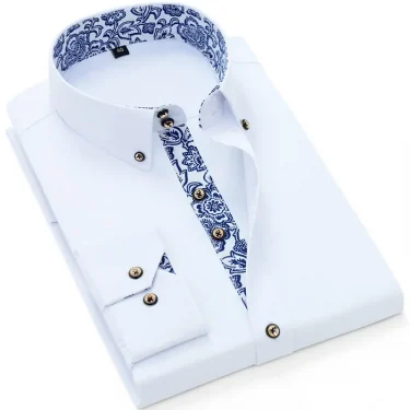 Blue-and-white Porcelain Collar Shirt Men Long Sleeve Korean SlimFit Casual Business Dress Shirts Solid Color White Shirt Cotton 5