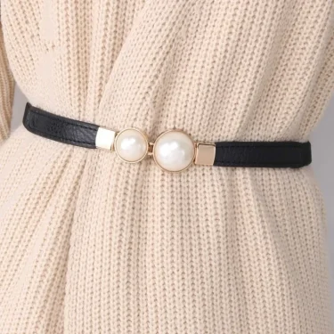 Elegant Double Pearls Buckle Elastic Women Belts Thin Straps Lady Girl Dress Skirt Decor Waistbands Trouser Dress Decoration 3