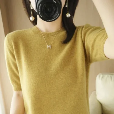 Spring Summer Womens Sweater Short Sleeve O-neck Slim Fit Knitted Pullovers Bottoming Casual Knitwear Camel Pink Clothes 1