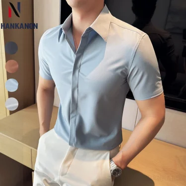 High Quality Summer Thin Stretchy Short-Sleeved Shirt for Men's Business and Casual Wear, Hidden Button Placket M-4XL 1