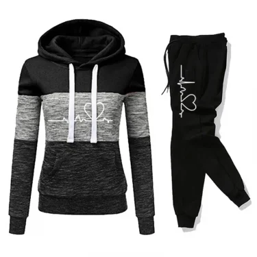 Women Tracksuit Printing Hooded Sweatshirt Sweatpant Color Block Versatile Casual Jogging Pullovers Sport Trousers Outfits S-3XL 3