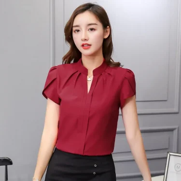 Women White Shirt Female Short Sleeve Shirt Fashion Leisure Chiffon Blouse Tops 2