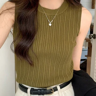 Korea Knitted Vests Women Top O-neck Solid Tank Blusas Y2K Summer New Fashion Female Sleeveless Casual Thin Tops 6