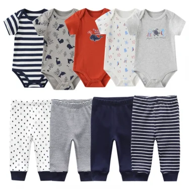 Unisex 6/9/10Pieces Cotton New Born Bodysuits+Pants Baby Girl Clothes Sets Cartoon Print Short Sleeve Baby Boy Clothes Bebes 2