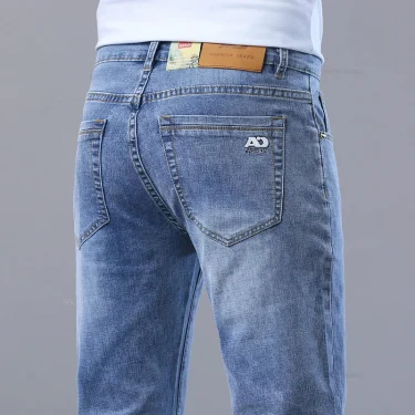 Spring Men's Light Blue Slim Jeans Stylish Casual Stretch Fabric Denim Pants Classic Trousers Smoke Gray 2