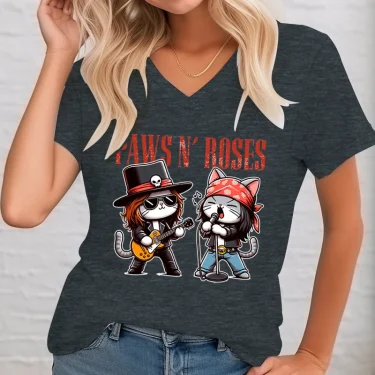 Paws Funny Cat Rock Star Trendy Cat Graphic T-shirt Women Fun Guitar Music Lover Classic Tops Gift for Rock Music Cat Lover Tops 2