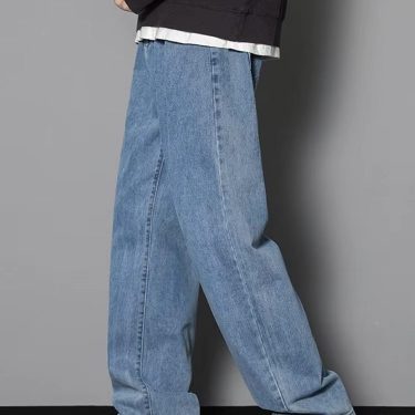 2025 New Korean Men's Casual Long Jeans Classic Man Straight Denim Wide-leg Pants Solid Color Light Blue Grey Black 3XL
