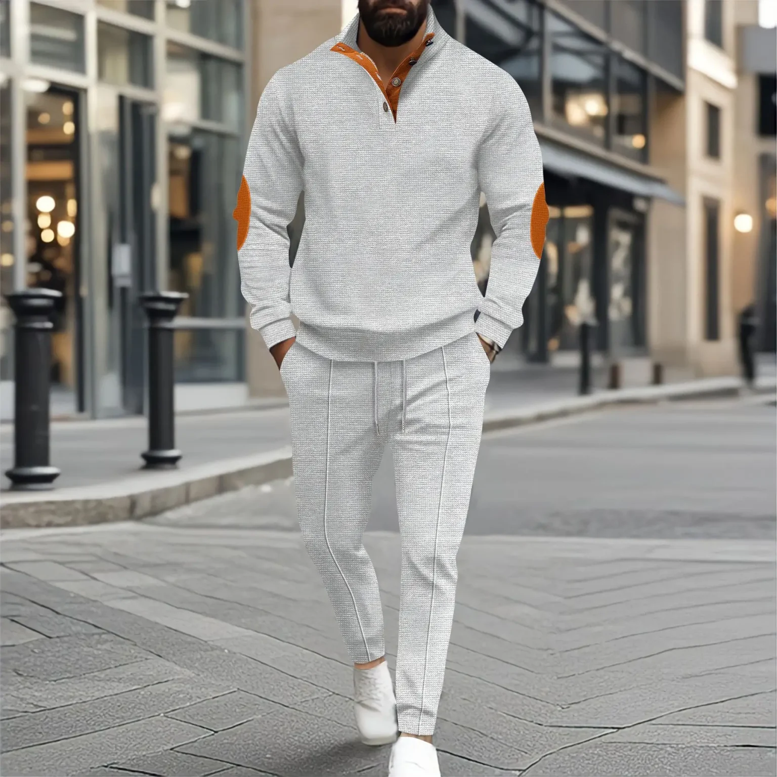 Autumn and winter new men's fashion outdoor sports half zipper Waffle casual stand collar long sleeve hoodie + trousers men's su 3