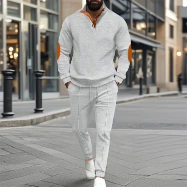 Autumn and winter new men's fashion outdoor sports half zipper Waffle casual stand collar long sleeve hoodie + trousers men's su 3