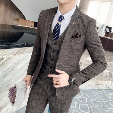 High Quality British Korean Modified Plaid Men (suit + Vest + Trousers) Stylish and Handsome Business Casual Three-piece Suit 5