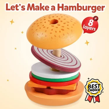 Montessori Wooden Burger Stacking Toys For Toddler Kids Preschool Learning Educational Toys Fine Motor Skill Kitchen Toys Gift 6