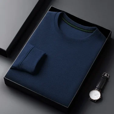 Men's Casual Waffle Round Neck T-shirt Breathable, Comfortable, and Fashionable Long Sleeved T-shirt 4