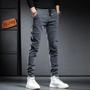 Autumn & winter elastic waist thicken fleece jeans for men Slim fit small feet Korean fashion casual pants for men Long pants 4
