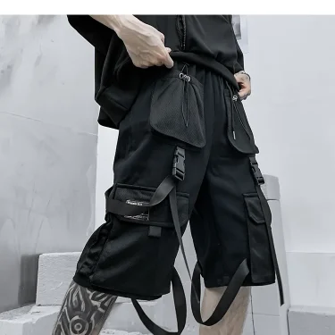 Men summer ribbons hip hop cargo shorts casual streetwear shorts mens harajuku punk short pants bermuda homme 2