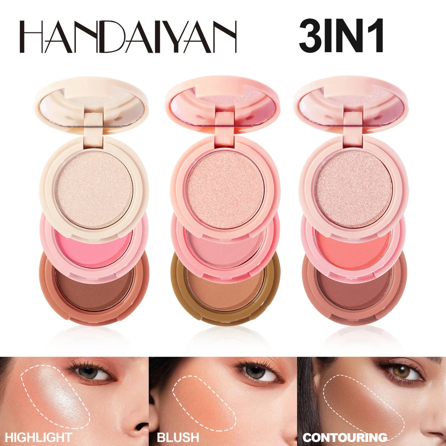Handaiyan eye shadow highlight powder blusher three in one plate moonlight stone glitter powder face nose shadow portable 1