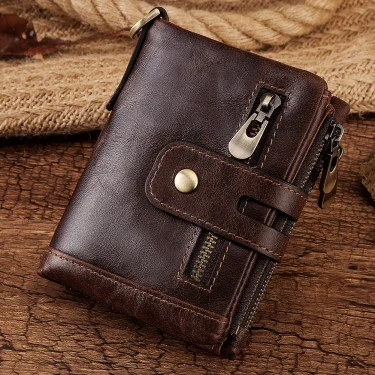 100% Genuine Leather Men Wallet Coin Purse Small Mini Card Holder Chain PORTFOLIO Portomonee Male Walet Pocket Quality 5
