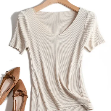 Pullover knitted Short Sleeve knitted Sweater Women Spring Summer Slim Basic Solid Casual Base Female knitting shirtsKorea 6