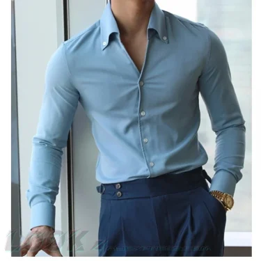Men's Italian Collar Shirt, Wrinkle-free, Casual, Fashionable, Slim-fit with A Lapel Design, Branded Clothing, Youth, New 2