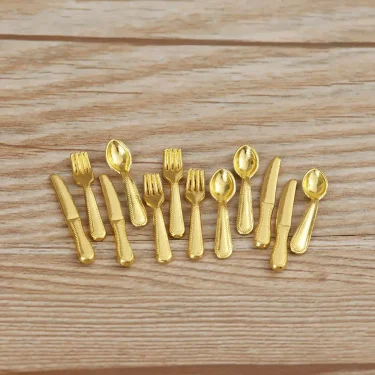 12PCS Miniature Metal Cookware Fork Knife Spoon Toys Dollhouse Furniture Gold Silver 1:12 Scale Simulation Mini Cutlery 4