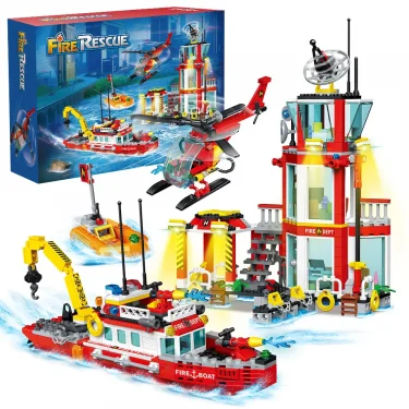 City Oceans Fire Station Blocks Compatible with leg0 Fire Station Set with Fire Station,Fire Helicopter,Fire Ship,Rescue Boat 1