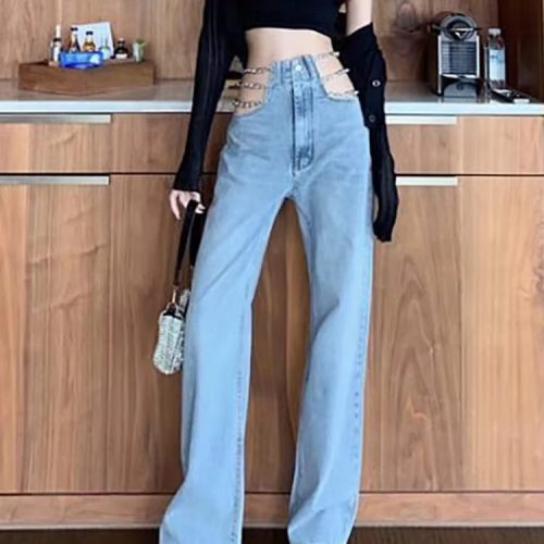 Sexy Hollow Out Chain Streetwear Jeans for Women Summer High Waist Loose Harajuku Straight Denim Pants Fashion Korean Y2K Jeans