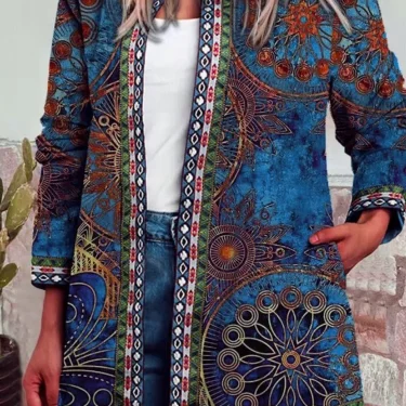 Autumn Winter Fashion Colorful Boho Floral Print Open Front Cardigan Casual Loose Long Sleeve Lightweight Jacket With Pockets 2