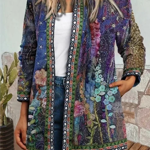 Autumn Winter Fashion Colorful Boho Floral Print Open Front Cardigan Casual Loose Long Sleeve Lightweight Jacket With Pockets 1