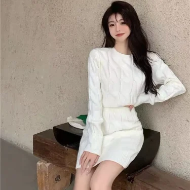 Two Piece OF Pullover Autumn/Winter Knitted Sweater Set Pure Desire Short Sweater Sexy Spicy Girl Arm Wrap Skirt Sweater Female 4
