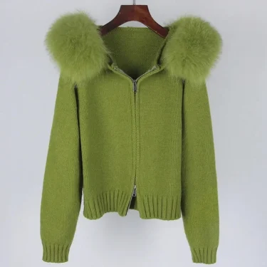 Fashion Autumn Winter Casual Hooded Real Fox Fur Collar Fashion Short Knitted Jacket with Natural Fur Coat for Women 2